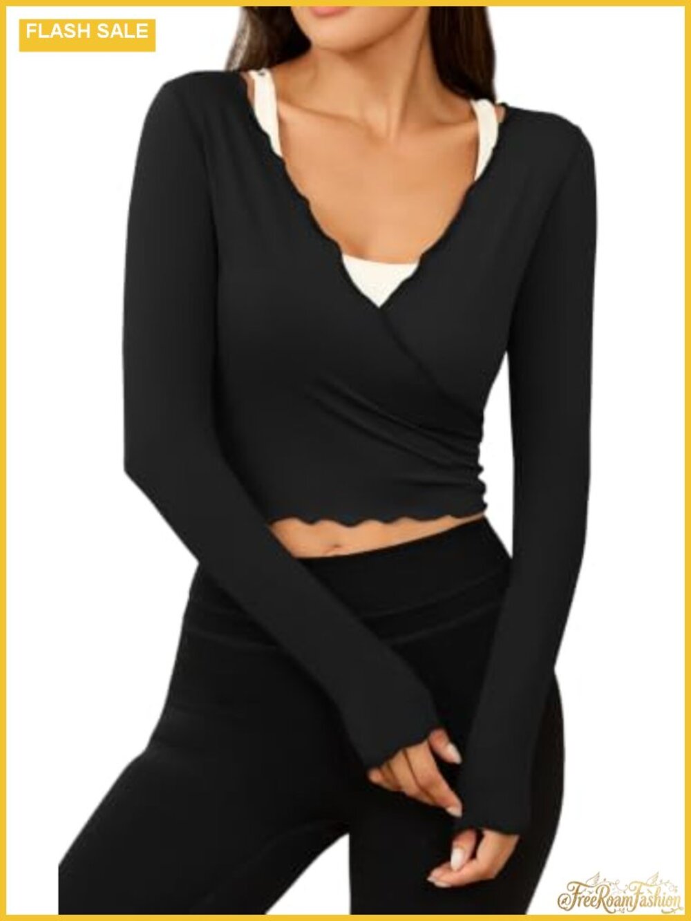 Women's Long Sleeve Wrap Crop Top Yoga Pilates Athletic Shirt, High Stretch